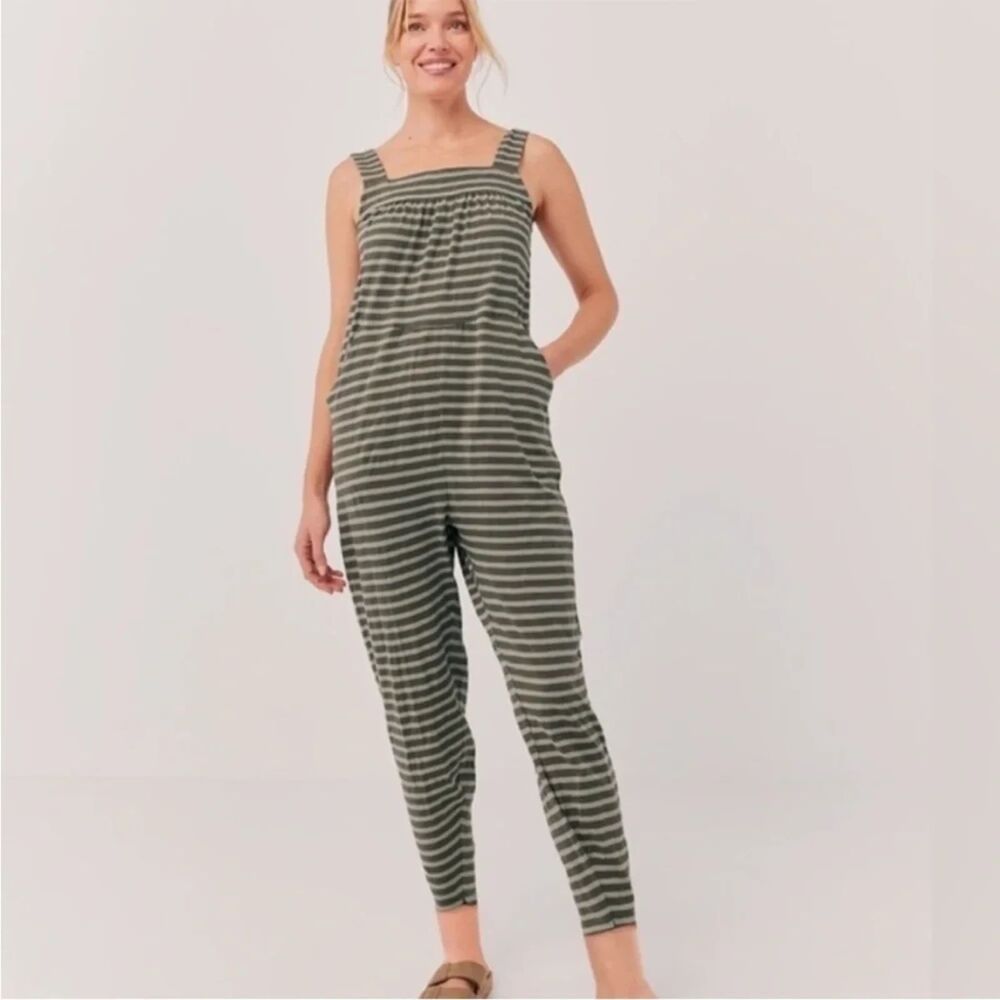 Pact Olive and Cream Striped Cotton Jumpsuit